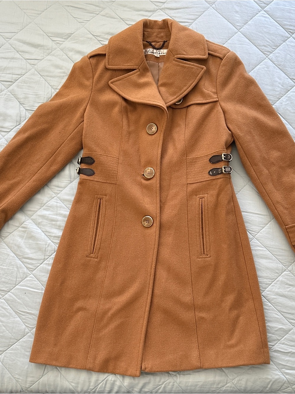 Kenneth Cole Camel Trench Coat with Side Buckle Accents